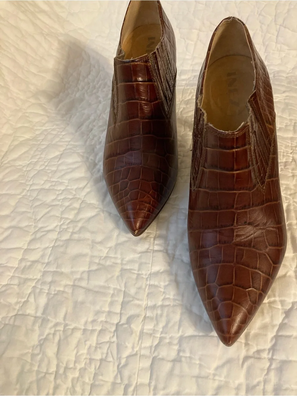 Croc-Effect Brown Stiletto Booties